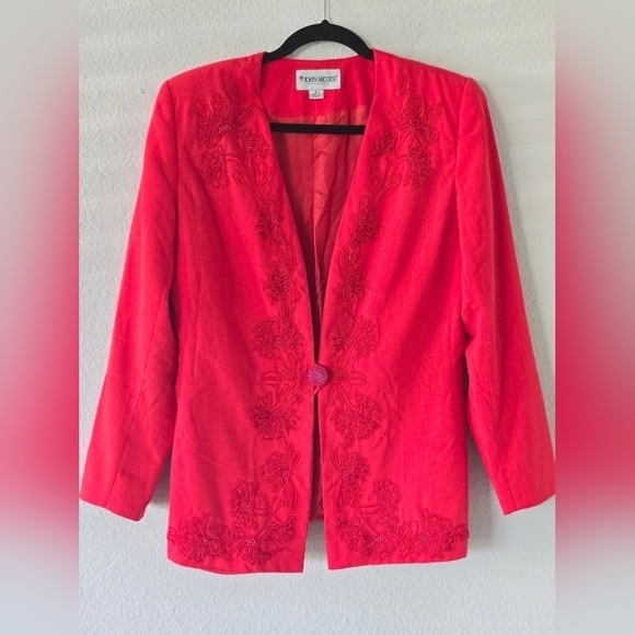 John Meyer Jacket Women Sz 10 Pink Long Sleeve One Button Embroidered Collarless - Picture 2 of 15